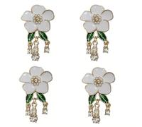 4 White Camellia Brooches Women's Sparkling Tassel Rhinestone Floral Drip-Style Alloy Pins Women's Evening Gown, Cheongsam, Suit, and Shirt Accessories