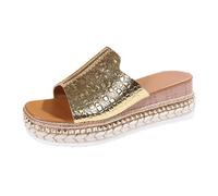 4 Womens Glitter Wedge Sandals Ladies Wide Fit Open Toe Mules Slide Sandals Sequin Sliders Slippers Platform Summer Dressy Shoes Sandal Sparkly Slip On Thick Cushion Sandles Gift 004_Gold