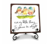 4" Wooden Sign With A Metal Support - Every Little Thing Is Gonna Be Alright - Watercolor Adorable Birds, Positive Quotes Wooden Plaque Desk Decor, Uplifting Gifts, Home Decorations & Gifts - A20