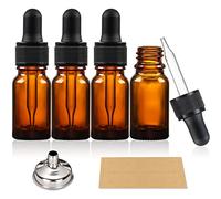 4 x 10ml Amber Brown Glass Bottles with Dropper Pipettes - Come with 1 Stainless Steel Funnel & 4 Lables - Tincture Dropper Bottles for Essential Oils, Aromatherapy Blends, Liquids