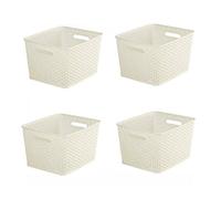 4 X 18L Cream Rattan Effect Storage Basket Tray Large Plastic Curver Nestable