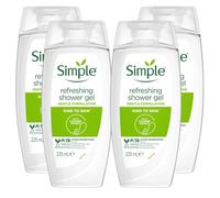 4 x 224ml | Simple Kind to Skin Refreshing Shower Gel | Gental Formulation | with Cucumber Extract and Chamomile Oil | Multipack
