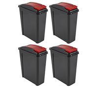 4 X 25L Slimline Recycling Bin with Flap Lid | Heavy Duty Plastic Rubbish Bin for Kitchen, Garden, or Animal Feed Storage | Space-Saving Waste Container for Indoor/Outdoor Use (Red)