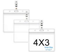 4 X 3 Inches Horizontal Name Tag Holders and Metal Badge Clips with Vinyl Strap Waterproof PVC ID Card Holder (Horizontal 3x4, 3Pack)