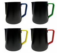 4 x 32oz (900ml) Black Non-Stick Milk Frothing Jugs with Colour-Coded Silicone Sleeves | Barista Coffee Pitcher Set | Red, Blue, Green & Yellow | Prevent Cross Contamination. Latte Art & Milk Steaming