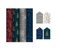 4 x 4M Rolls Of Christmas Wrapping Paper - Contemporary Designs - Festive Wrap - Midnight Blue, Grey Snowflake, Plum Foliage, Blue Grey Stars - Complete With 16 Matching Luggage Style Gift Tags