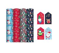 4 x 4M Rolls Of Christmas Wrapping Paper - Cute Kids Designs - Festive Wrap - Red Dudolph, Grey Penguin, Blue Gonk, Blue Santa - Complete With 16 Matching Luggage Style Gift Tags