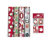 4 x 4M Rolls Of Christmas Wrapping Paper - Cute Kids Designs - Festive Wrap - Red Santa Faces, Gonks, Silver Characters, White HoHoHo - Complete With 20 Matching Gift Tags