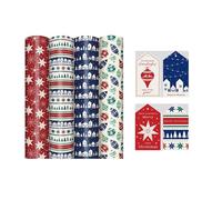 4 x 4M Rolls Of Christmas Wrapping Paper - Scandi Designs - Festive Wrap - Nordic blue houses, stars, baubles, red white and blue wrap - 16 Matching Luggage Style Gift Tags