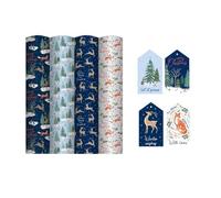 4 x 4M Rolls Of Christmas Wrapping Paper - Woodland Animals Designs - Festive Wrap - Blue Fox & Deer, Reindeer Script, White Foxes & Foligae, Christmas Trees - 16 Matching Luggage Style Gift Tags