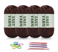 4 x 50 g Crochet Yarn Wool for Crocheting Thick Yarn Crochet Wool Easy Yarn Chenille Wool for Crocheting Highly Visible Stitches Thick Cotton Nylon Dark Brown with Crochet Accessories