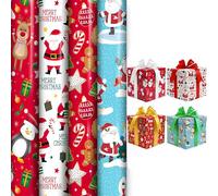 4 x 7M Cute Christmas Wrapping Paper Rolls - Total 28M Gift Wrap Set Perfect for Christmas, Birthday, Festival, Party or Wedding Gifts & Festive Decoration - Santa, Reindeer & Penguin Designs by ANGIX