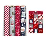 4 x 7M Rolls Of Christmas Wrapping Paper - Contemporary Designs - Festive Wrap - Silver Tree Car, Red Snowflake, Night Blue Snowy House, Red & White Stripe - Complete With 32 Matching Gift Tags