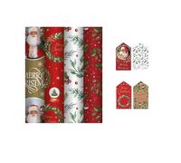 4 x 7M Rolls Of Christmas Wrapping Paper - Traditional Designs - Festive Wrap - Gold Father Xmas, Wreath Snow globe, Holly, Merry Christmas - 16 Matching Luggage Style Gift Tags