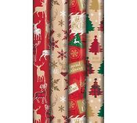 4 x 8M Rolls of Christmas Gift Wrap Wrapping Paper Traditional Tartan Reindeer