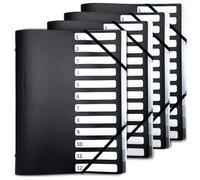 4 x A4 12 Compartments with Storage 3 Flaps - Black Polypropylene Strong Elastic Closure Polypropylene Dividers - Numbered and Identifiable Compartments - Office Filing