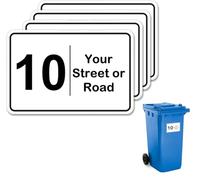 4 x A6 Size (10x15cm) Personalised Bin Stickers Numbers and Letters Customised with Your House Number, Letter and Road Name Waterproof Dustbin Trash Can Wheelie Labels Weatherproof (Option 04)