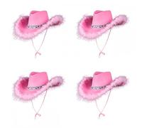 4 x Adult Ladies Pink Sequin & Feather Texan Cowboy Hats : Wild West Cowgirl Hen Night Fancy Dress Accessory