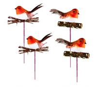 4 x Artificial Robin On Pick Bird Decoration with Natural Twig Perch Artificial Feather Christmas Robin Ornaments for Garden, Christmas Tree, Floral Arrangements, Crafts & Festive Home Decor, Outdoor