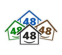 4 x Bin Numbers for Wheelie Bins, 1-99, 15cm ‘Happy House’ Colour Design Dustbin Stickers, Easy Application Stick On Number Stickers - Weatherproof Self Adhesive Vinyl - Blue, Black, Green, Brown (48)