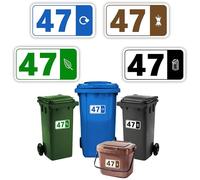 4 x Bin Numbers for Wheelie Bins, 1-99, ‘Waste Icon’ Design, 10x19cm Dustbin Stickers, Easy Application Stick On Number Stickers - Weatherproof Self Adhesive Vinyl - Blue, Black, Green and Brown (47)