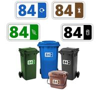 4 x Bin Numbers for Wheelie Bins, 1-99, ‘Waste Icon’ Design, 10x19cm Dustbin Stickers, Easy Application Stick On Number Stickers - Weatherproof Self Adhesive Vinyl - Blue, Black, Green and Brown (84)
