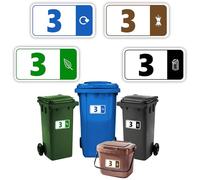 4 x Bin Numbers for Wheelie Bins, 1-99, ‘Waste Icon’ Design, 10x19cm Dustbin Stickers, Easy Application Stick On Number Stickers - Weatherproof Self Adhesive Vinyl - Blue, Black, Green and Brown (3)