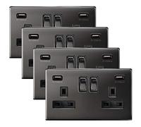 4 x Black Nickel USB Double Wall Plug Socket 2 Gang 13A with 2 USB Charger Port Outlets Socket Plate N776GME