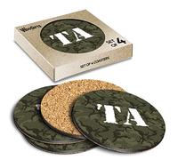 4 x Boxed Round Coasters - Letters TA Camouflage Army Military Lettering Name Initial Cork Backed MDF Glossy Tea Coffee Accessory #269728