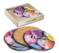 4 x Boxed Round Coasters - Name Charlotte Sea Shells Letter Lettering Initial Cork Backed MDF Glossy Tea Coffee Accessory #265630