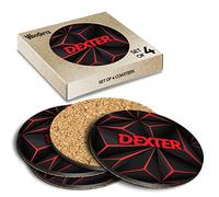 4 x Boxed Round Coasters - Name Dexter Gamer Black Red Video Game Letter Lettering Initial Cork Backed MDF Glossy Tea Coffee Accessory #272982
