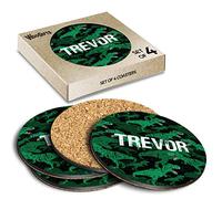 4 x Boxed Round Coasters - Name Trevor TRex Dinosaur Tyrannosaurus Letter Lettering Initial Cork Backed MDF Glossy Tea Coffee Accessory #259732