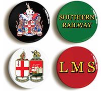 4 x BRITISH RAILWAYS BADGE BUTTON PINS (1inch/25mm diameter) LNER LMS SOUTHERN GWR