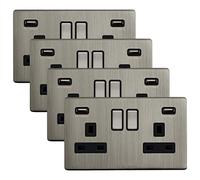 4 x Brush Chrome Double Wall Switch Socket 13A 2 gang with 2 USB Charger Ports UK 3 pin Plug Screwless Finish N776DME