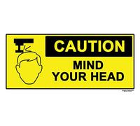 4 x - CAUTION mind your head - Sign Label Removable Self Adhesive Waterproof Durable Vinyl Label Sticker 225mm x 106mm