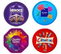 4 x Chocolate Tubs Assorted Pack 1 Each of 550g Celebrations, Heroes, Roses & Quality Street 600g - Family Sharing Sweets Gift Selection Box for Christmas, Halloween, Party & All Occasions - ANGIX