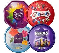 4 x Chocolate Tubs Assorted Pack - 1 Each of Celebrations, Heroes, Roses & Quality Street - Large Chocolate Sharing Tubs for Family, Parties & Gifting