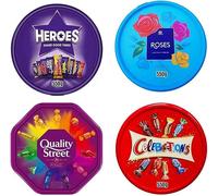 4 x Chocolate Tubs ASSORTED PACK 1 EACH Of Celebrations, Heros, Roses, Quality Street Chocolate Sharing Tub Perfect For Any Occasion