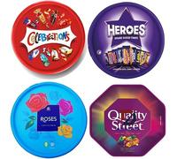 4 x Chocolate Tubs ASSORTED PACK 1 EACH Of Celebrations, Roses, Heroes and Quality Street Let the countdown begin.