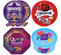 4 x Chocolate Tubs ASSORTED PACK 1 EACH Of Celebrations, Roses, Heroes and Quality Street Let the countdown begin.