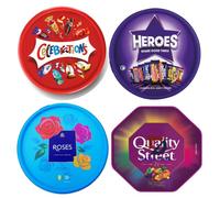 4 x Chocolate Tubs ASSORTED PACK 1 EACH Of Celebrations, Roses, Heroes and Quality Street Let the countdown begin.