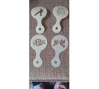 4 x Christian Themed Coffee/Cappuccino Stencils Reusable Many Times Present Gift Fundraising Cafe Jesus Cross Doves Fish
