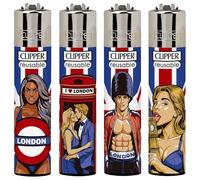 4 x Clipper Lighter NAUGHTY LONDON 1 Design Set Silver Top Gas Refillable Lighters Standard Size Replaceable Flint Rare Limited Edition