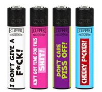 4 x Clipper Lighter Set NAUGHTY WORDS 7 FUNNY SAYINGS Design Set Refillable Gas Lighters, Rare - Limited Edition