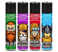 4 x Clipper Lighters KINGS OF VALHALA Design Set Black Top Gas Refillable Lighter Standard Size Replaceable Flint Rare Limited Edition