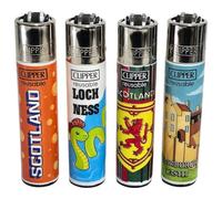 4 x Clipper Lighters SCOTLAND 7 Design Set Silver Top Gas Refillable Lighter Standard Size Replaceable Flint Rare Limited Edition