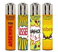 4 x Clipper Lighters Set NAUGHTY WORDS 9 Design, Silver Top Refillable Gas Lighter, Replaceable Flint - LIMITED EDITION