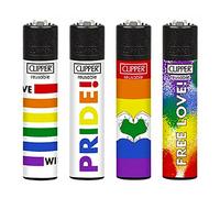 4 x Clipper Lighters Set, PRIDE LOVE RAINBOW COLOUR MAXI SIZE LIGHTER Assorted Designs, Gas Lighter Refillable Lighters SET ( PRIDE LOVE )
