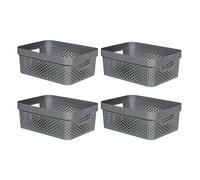 4 x Curver Medium Plastic Storage Basket Dark Grey Dots Tub Box Container
