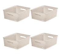 4 x Curver Plastic Storage Basket Cream Rattan Effect Small Rectangular Tub Box